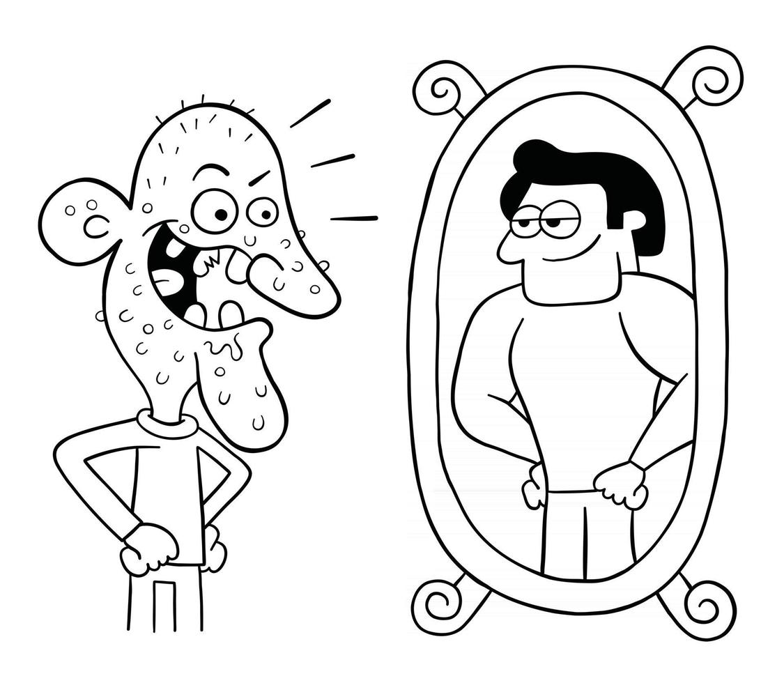 homme laid de dessin animé regarde dans le miroir et pense qu'il est si beau illustration vectorielle vecteur