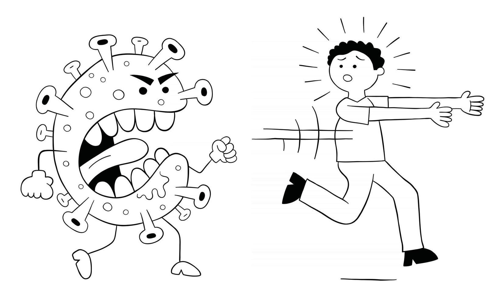 le monstre de coronavirus de dessin animé poursuit l'illustration vectorielle de l'homme vecteur