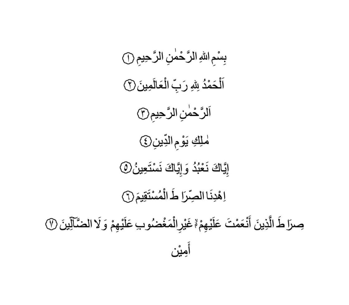 Al fatiha ou Al Fatihah, ouverture ou ouvreur, est le premier sourate de le coran, sept versets lequel sont une prière pour orientation et miséricorde, récité dans musulman obligatoire et volontaire prières dans le Sholat. vecteur