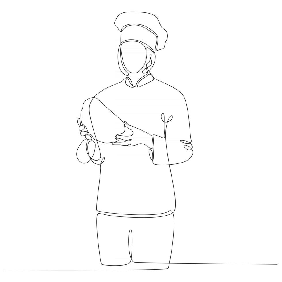 dessin au trait continu de femme boulanger portant illustration vectorielle de pain vecteur