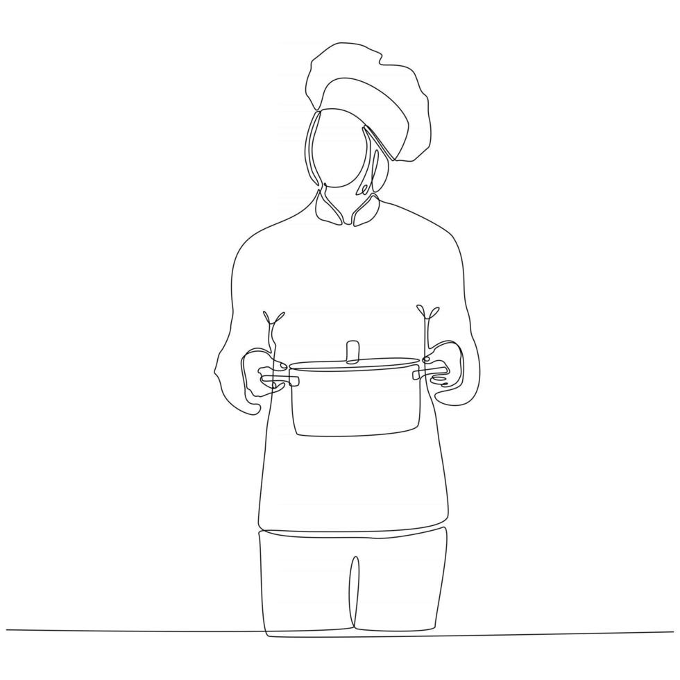 dessin au trait continu de femme chef avec wok portant illustration vectorielle vecteur