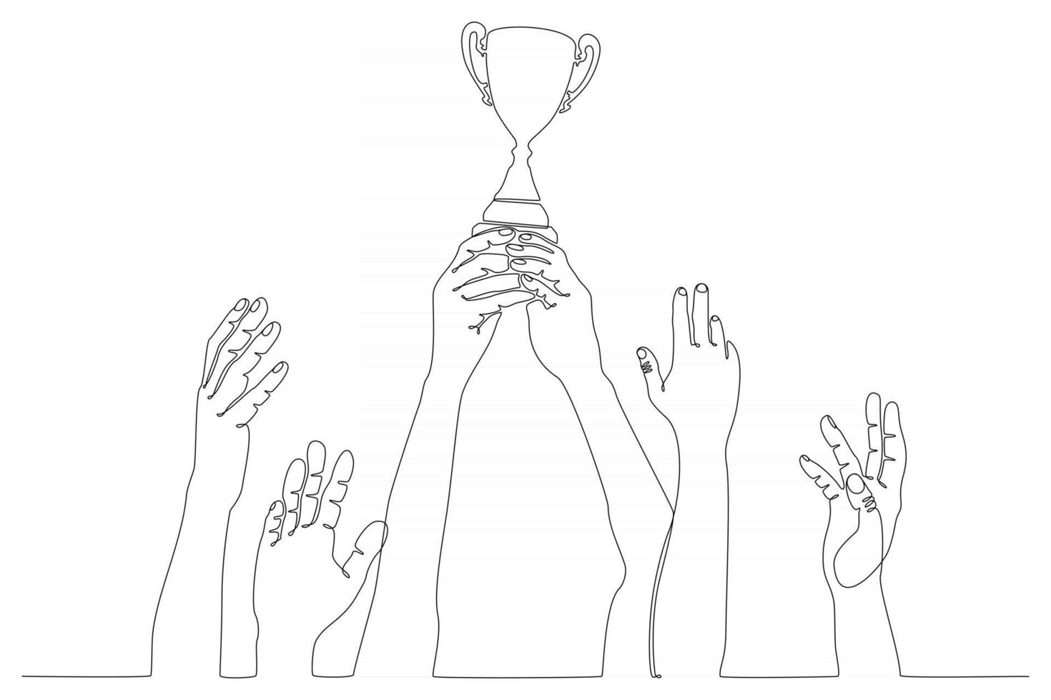 dessin au trait continu des mains se battant pour un trophée avec une illustration vectorielle gagnante vecteur