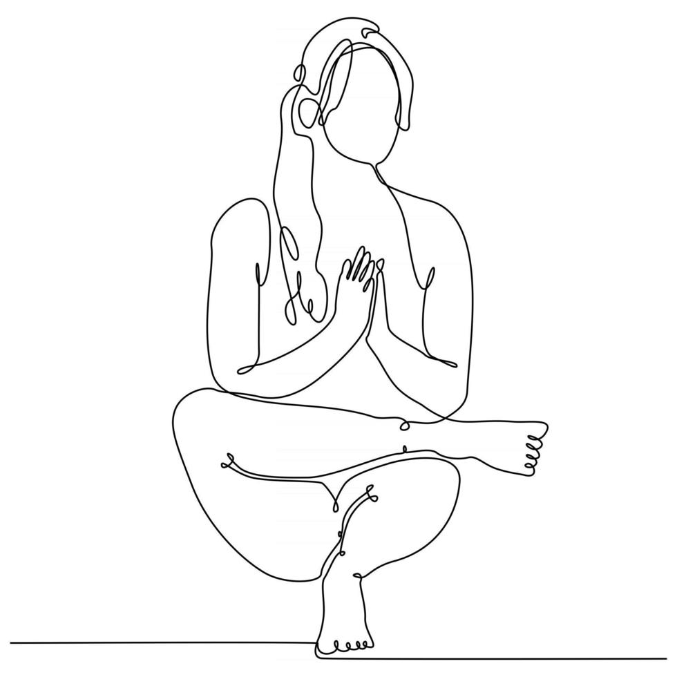 dessin au trait continu d'une femme pratiquant le yoga avec un squat assis pour équilibrer l'illustration vectorielle vecteur