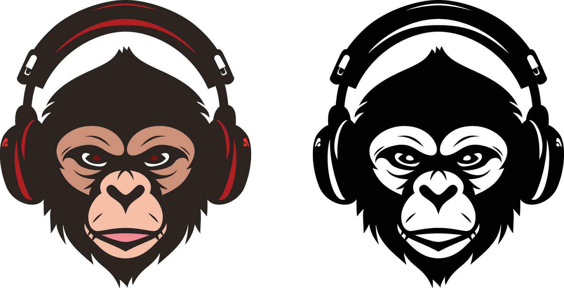 singe tête portant écouteurs Facile vecteur illustration, singe portant casque , écouteurs noir et blanc logo modèle Stock vecteur image