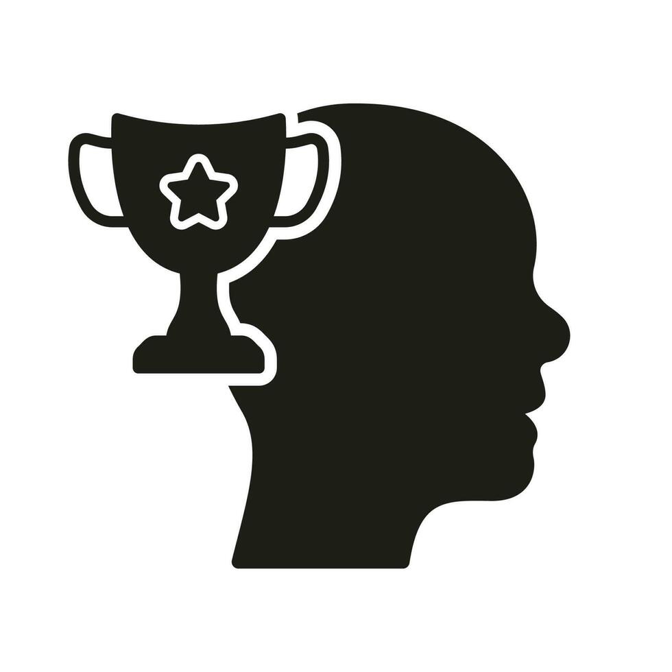 motivation dans sport silhouette icône. Humain tête et trophée tasse Succès réussite concept glyphe pictogramme. motivation à développement solide signe. motivant symbole. isolé vecteur illustration.