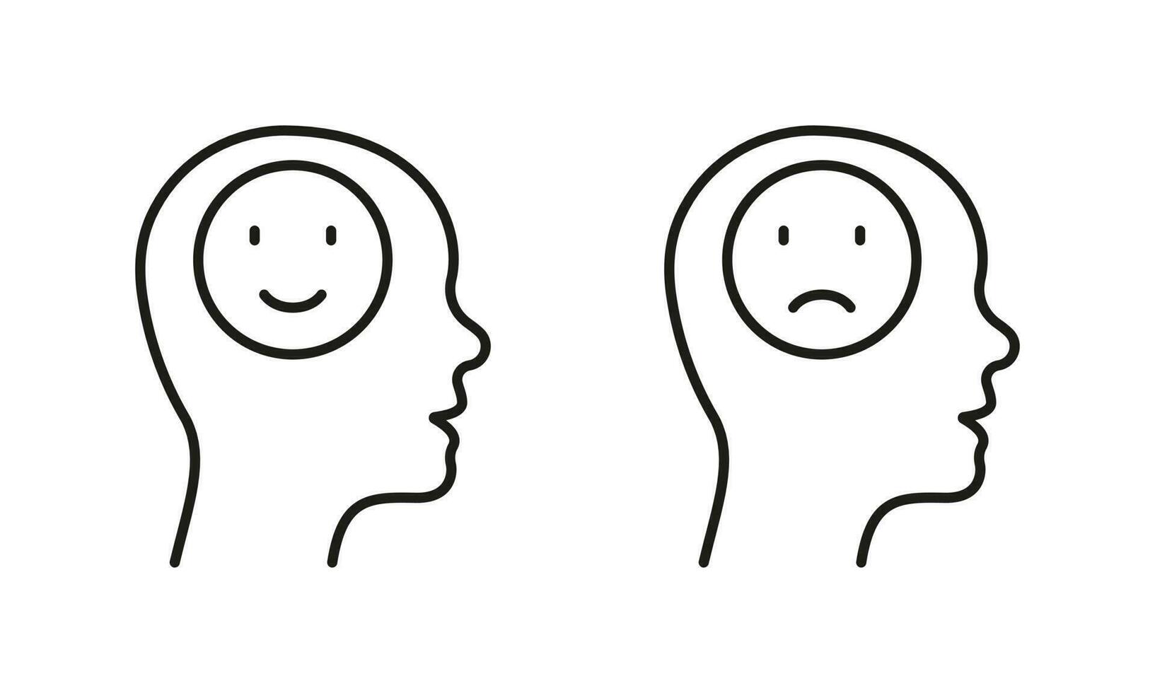 positif et négatif en pensant ligne icône ensemble. sourire dans Humain tête linéaire pictogramme. mental santé, esprit problème contour signe. psychologie thérapie symbole. modifiable accident vasculaire cérébral. isolé vecteur illustration.