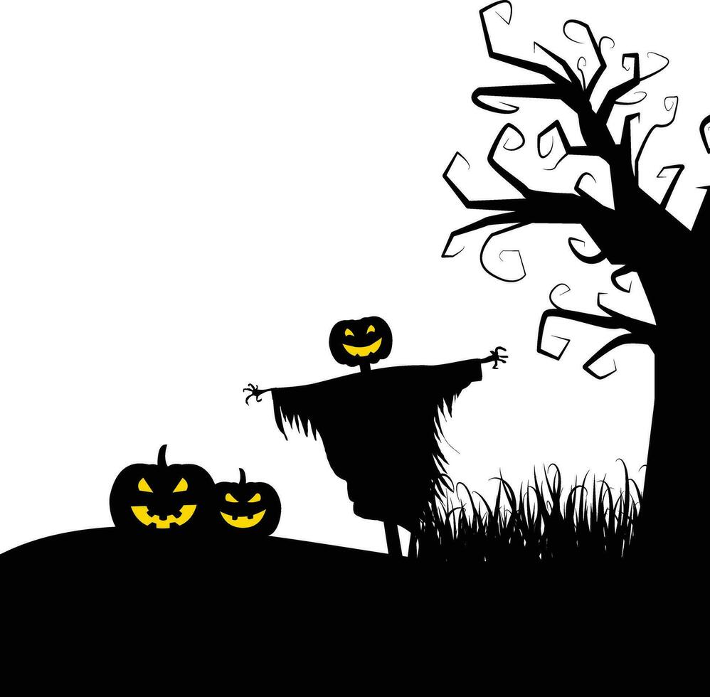 Halloween cimetière silhouette avec citrouilles et épouvantail vecteur
