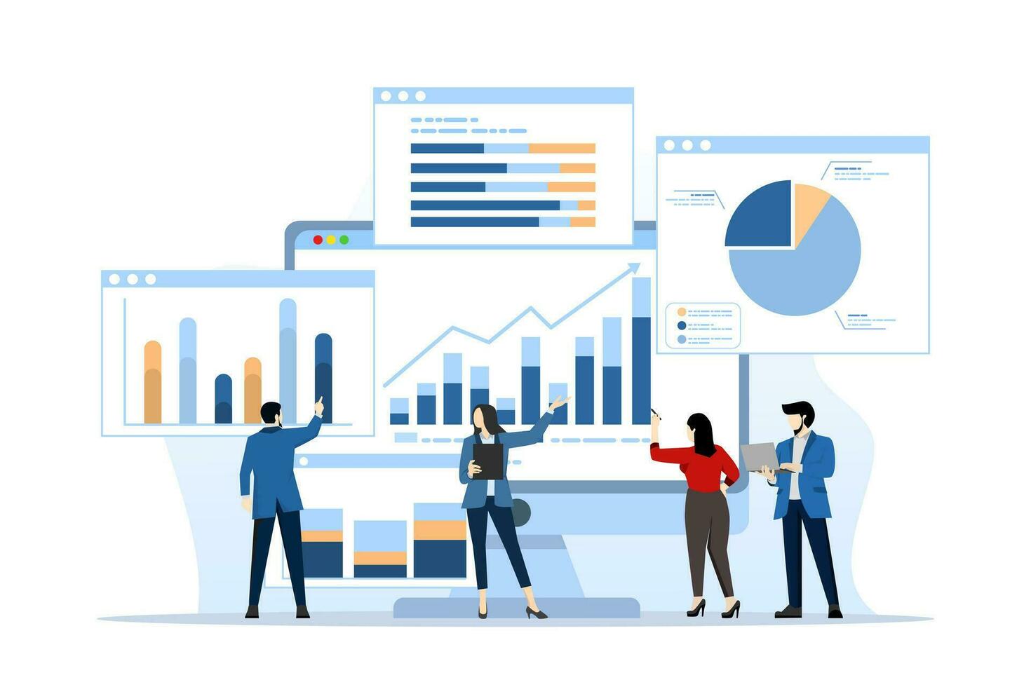 affaires équipe une analyse et surveillance concept sur la toile rapport tableau de bord moniteur. Les données une analyse recherche plat vecteur illustration conception pour affaires financier Planification concept, plat vecteur illustration.