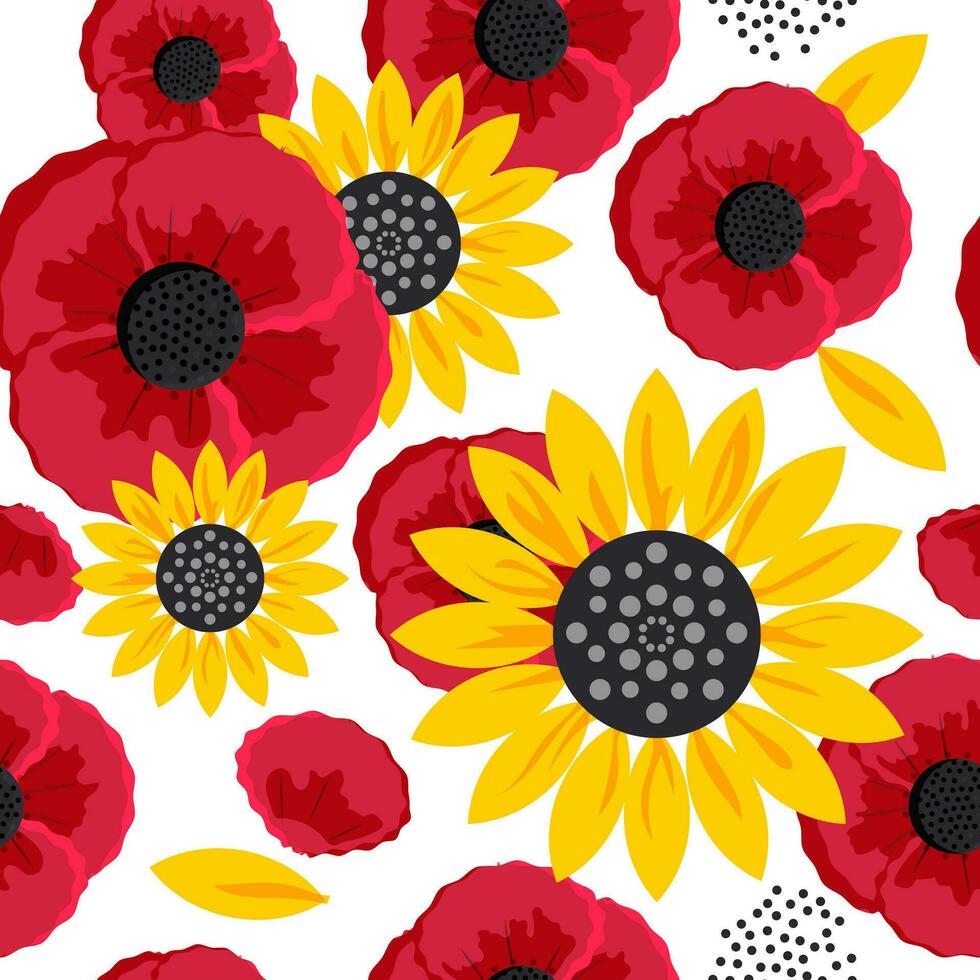 grand Jaune tournesol fleurs et rouge coquelicots créer une sans couture modèle sur une blanc Contexte pour textile, tissus. vecteur. vecteur