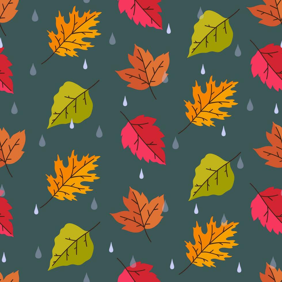 sans couture modèle avec l'automne brillant feuilles et gouttes de pluie sur une foncé vert Contexte. vecteur graphique.