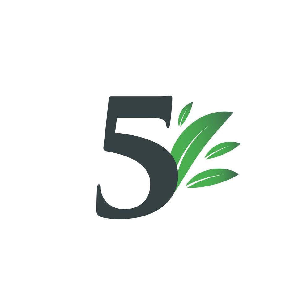 logo numéro cinq avec des feuilles vertes. logo naturel numéro 5. vecteur