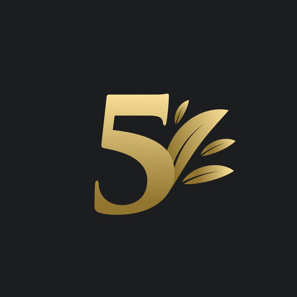 logo numéro cinq d'or avec des feuilles d'or. vecteur