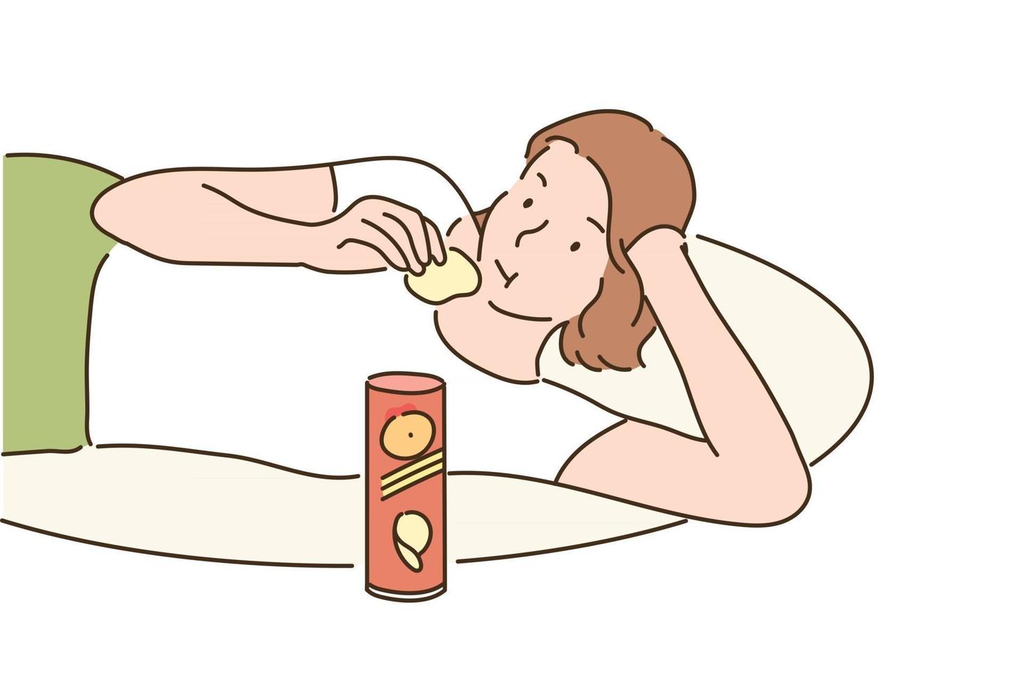 une fille est allongée confortablement sur un coussin et mange des chips. illustrations de conception de vecteur de style dessinés à la main.
