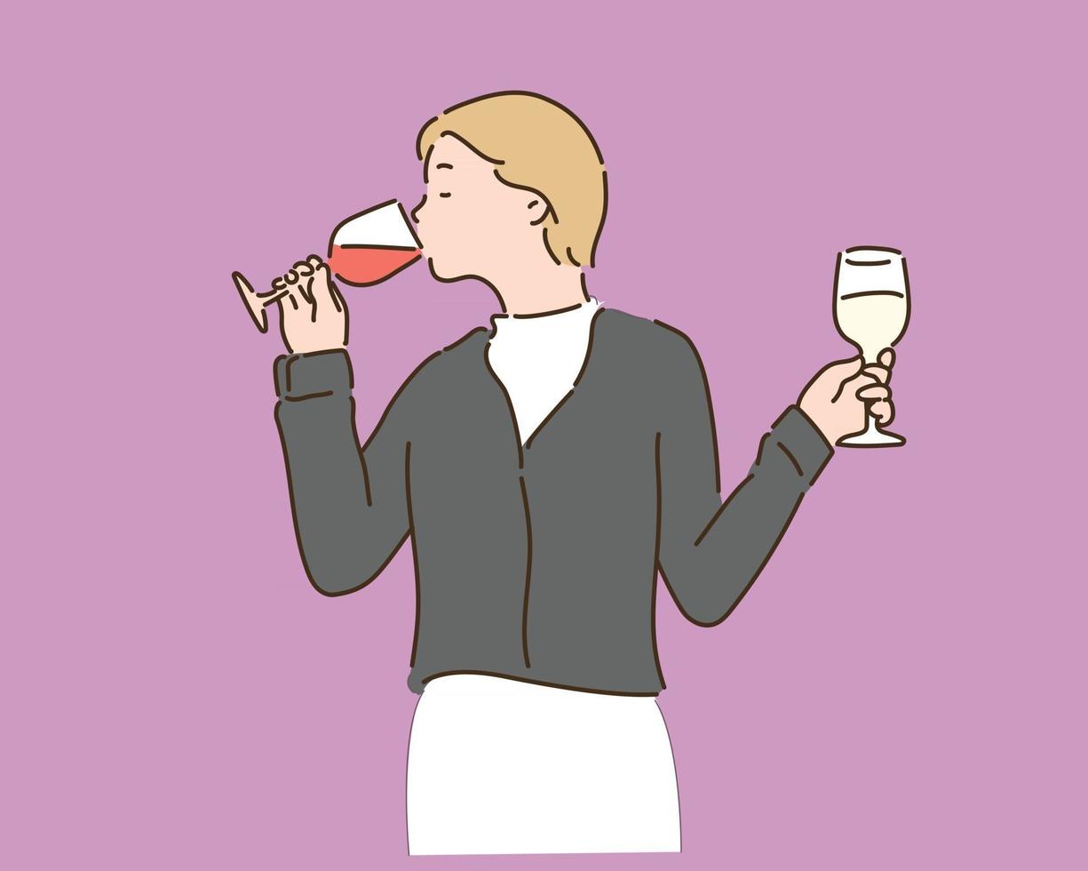 une femme tenant deux verres à vin et les dégustant. illustrations de conception de vecteur de style dessinés à la main.