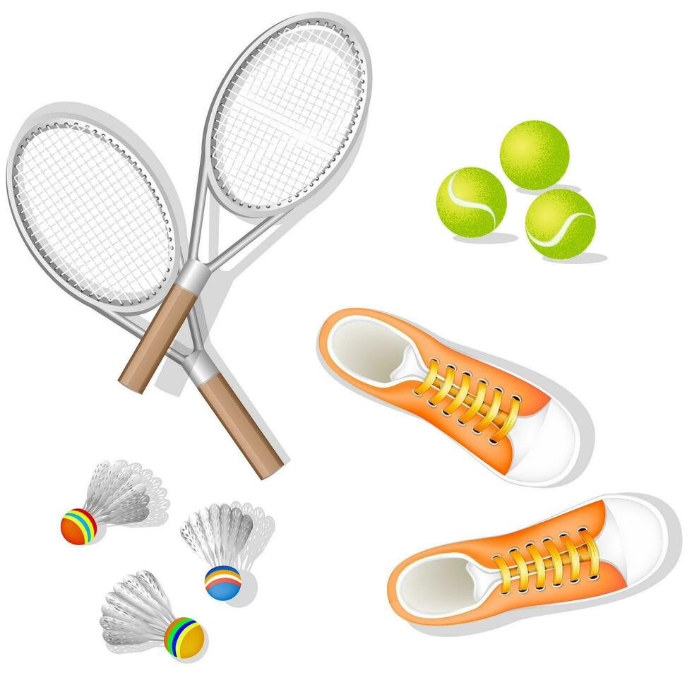 vecteur ensemble. tennis des balles, tennis raquettes, volants pour en jouant corpsminton et des sports chaussures. tennis conception plus de une blanc Contexte. sport, aptitude, activité conception.