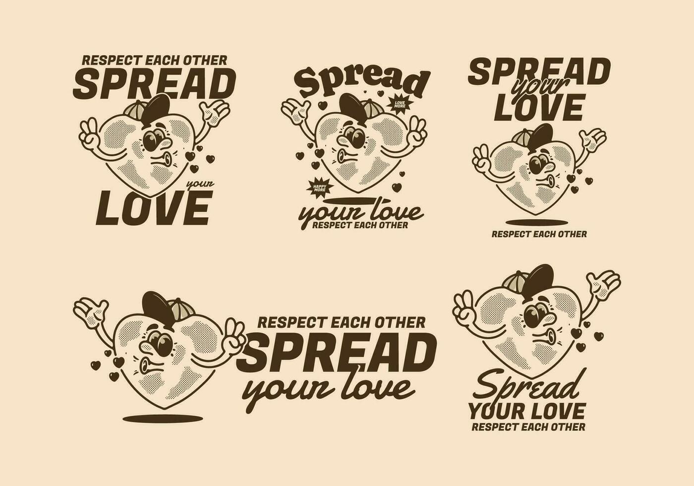 propager votre aimer, cœur mascotte personnage illustration, dans cinq différent type vecteur