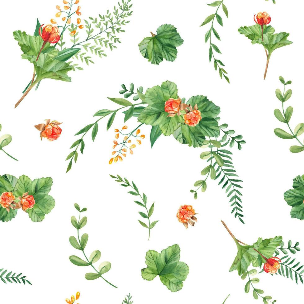 sans couture aquarelle modèle avec chicouté feuilles et baies, fougère, vert branches, Jaune fleurs sauvages. botanique été main tiré illustration. pouvez être utilisé pour cadeau emballage papier, cuisine textile vecteur