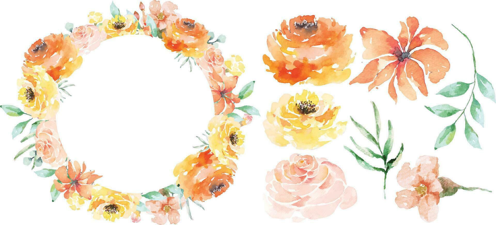 Rose et feuilles couronne peint dans aquarelle.floral collection.orange fleur pour invitation vecteur