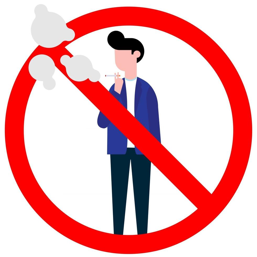 aucun signe de fumer avec un garçon debout. icône de signe interdit isolé sur illustration vectorielle fond blanc. garçon fume cigarette, cercle d'interdiction rouge isolé sur fond blanc. vecteur