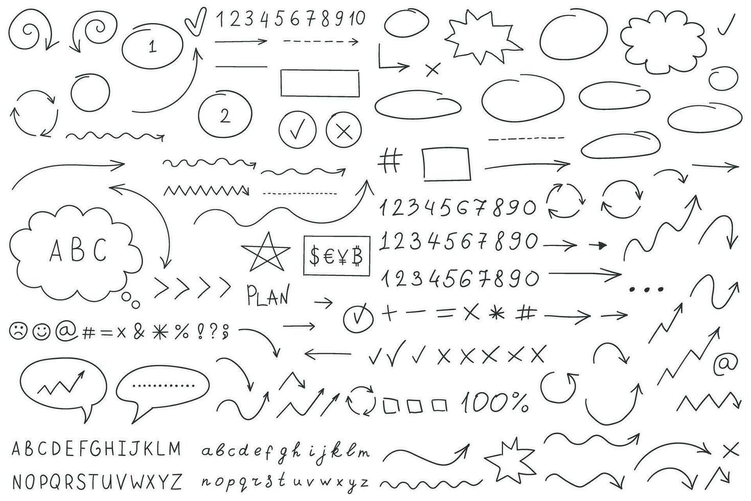 La Flèche cercles et abstrait griffonnage icône dans main tiré style. nombre vecteur illustration sur isolé Contexte. des lettres, flèches signe affaires concept.