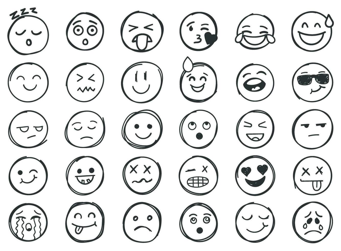 emojis visages icône dans main tiré style. doddle émoticônes vecteur illustration sur isolé Contexte. content et triste visage signe affaires concept.