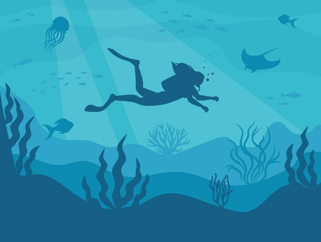 silhouette de une scaphandre autonome plongeur dans le sous-marin monde. le plongeur plongées à le profondeurs de le océan. vecteur illustration.