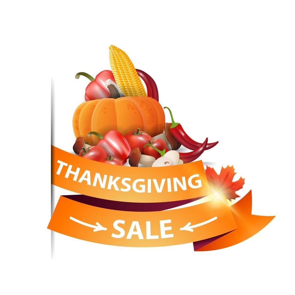vente de thanksgiving, bannière web isolée avec ruban et récolte d'automne. coupon de réduction isolé sur fond blanc pour vos arts vecteur