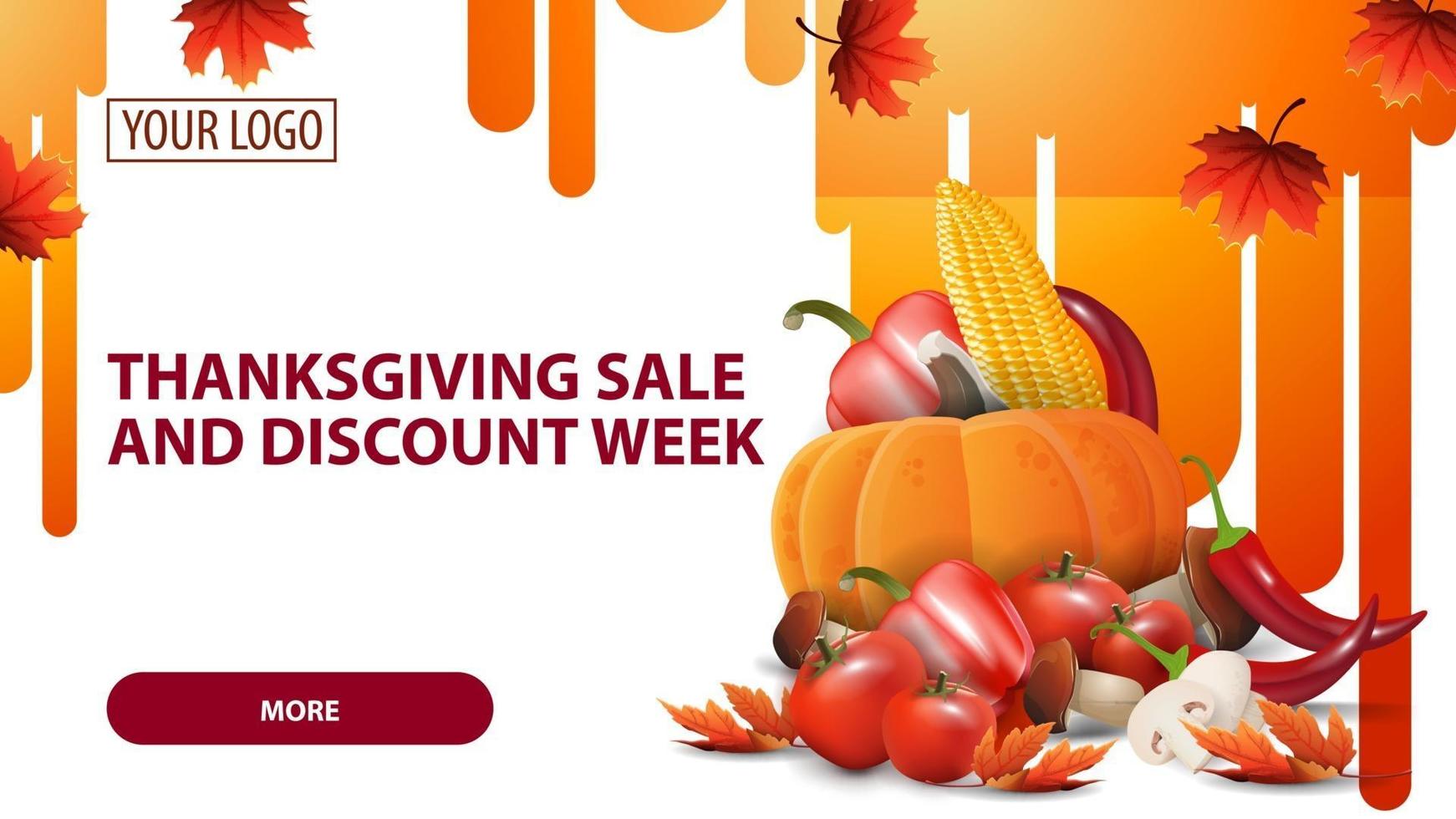 vente de thanksgiving et semaine de remise, bannière web de remise horizontale orange avec récolte d'automne vecteur