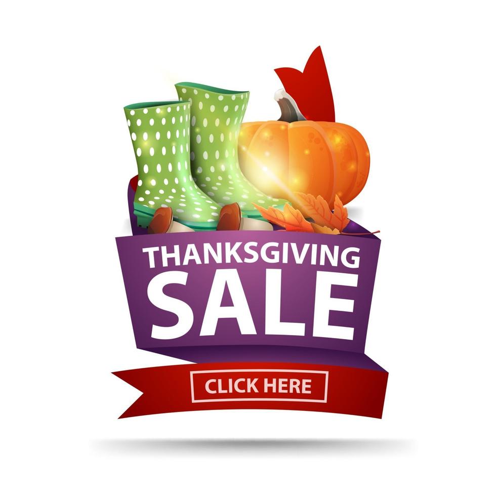 vente de Thanksgiving, bannière web isolée avec ruban, bottes en caoutchouc, citrouille, champignons et feuille d'automne. coupon de réduction isolé sur fond blanc pour vos arts vecteur