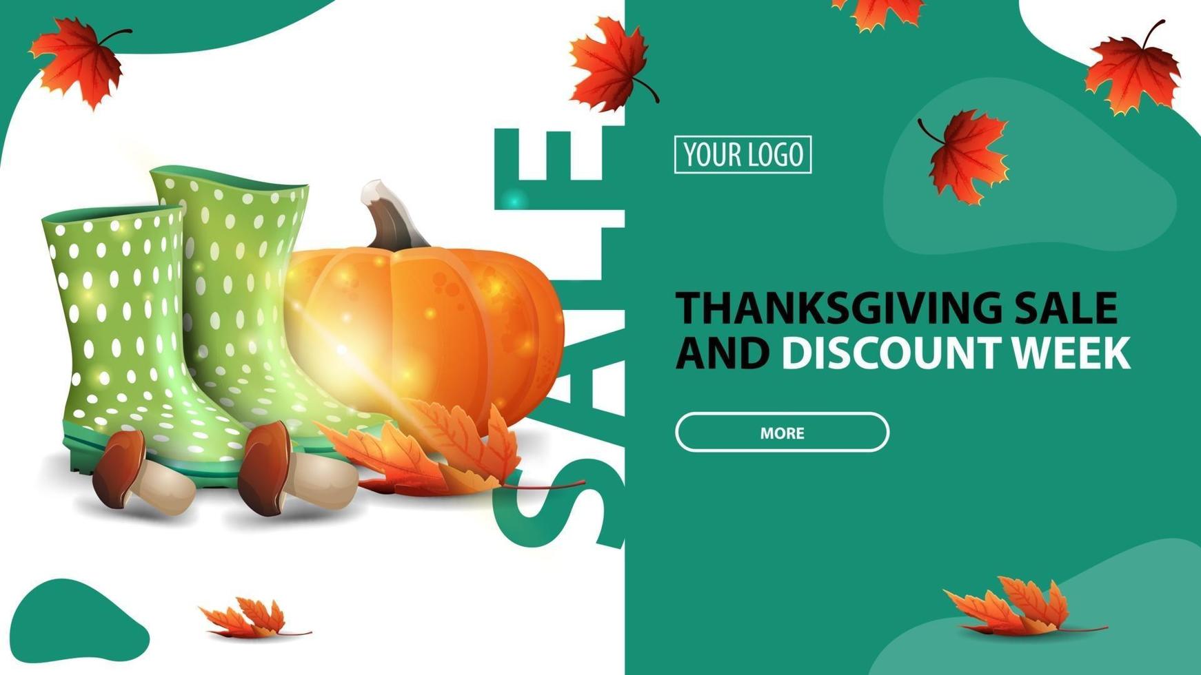 vente de Thanksgiving et semaine de remise, bannière de remise horizontale verte pour votre site Web avec un design moderne, bottes en caoutchouc, citrouille, champignons et feuille d'automne vecteur