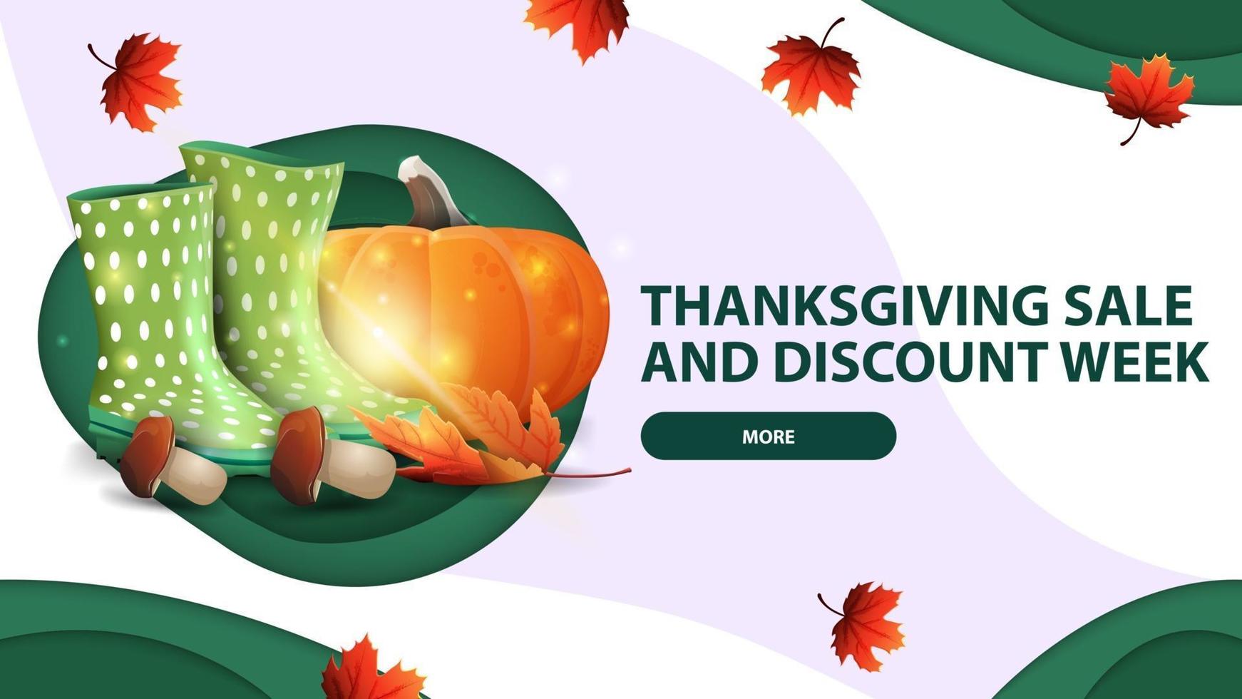 semaine de vente et de remise de Thanksgiving, bannière web blanche en papier découpé avec des bottes en caoutchouc, citrouille, champignons et feuille d'automne vecteur