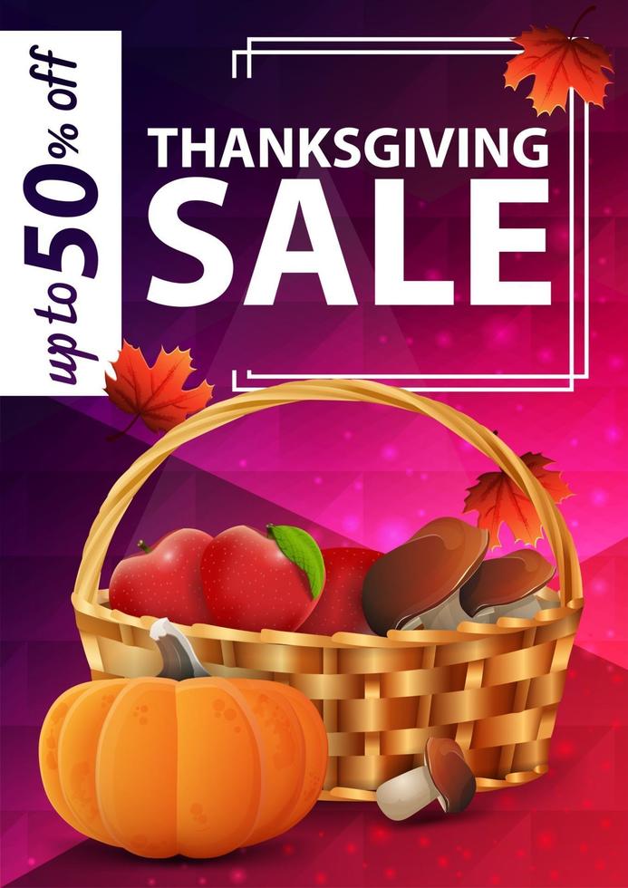 vente de thanksgiving, jusqu'à 50 de réduction, bannière web verticale rose avec panier de fruits et légumes vecteur