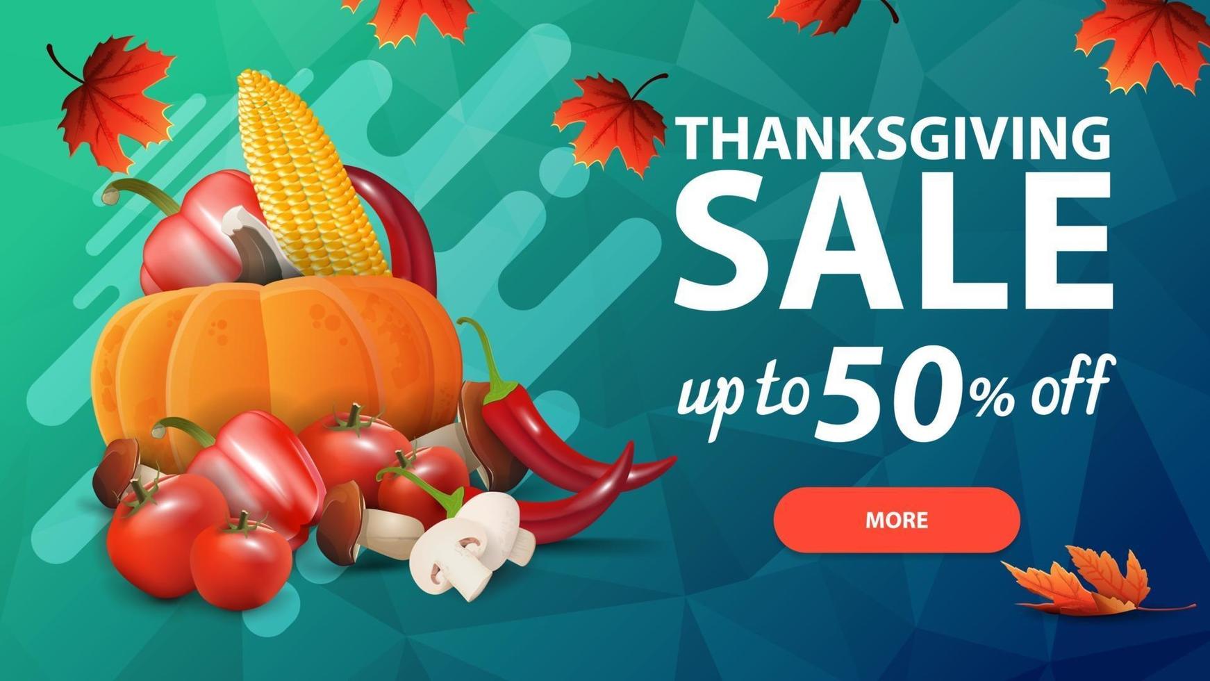 vente de thanksgiving, jusqu'à 50 de réduction, bannière web de remise verte avec texture polygonale et récolte d'automne vecteur