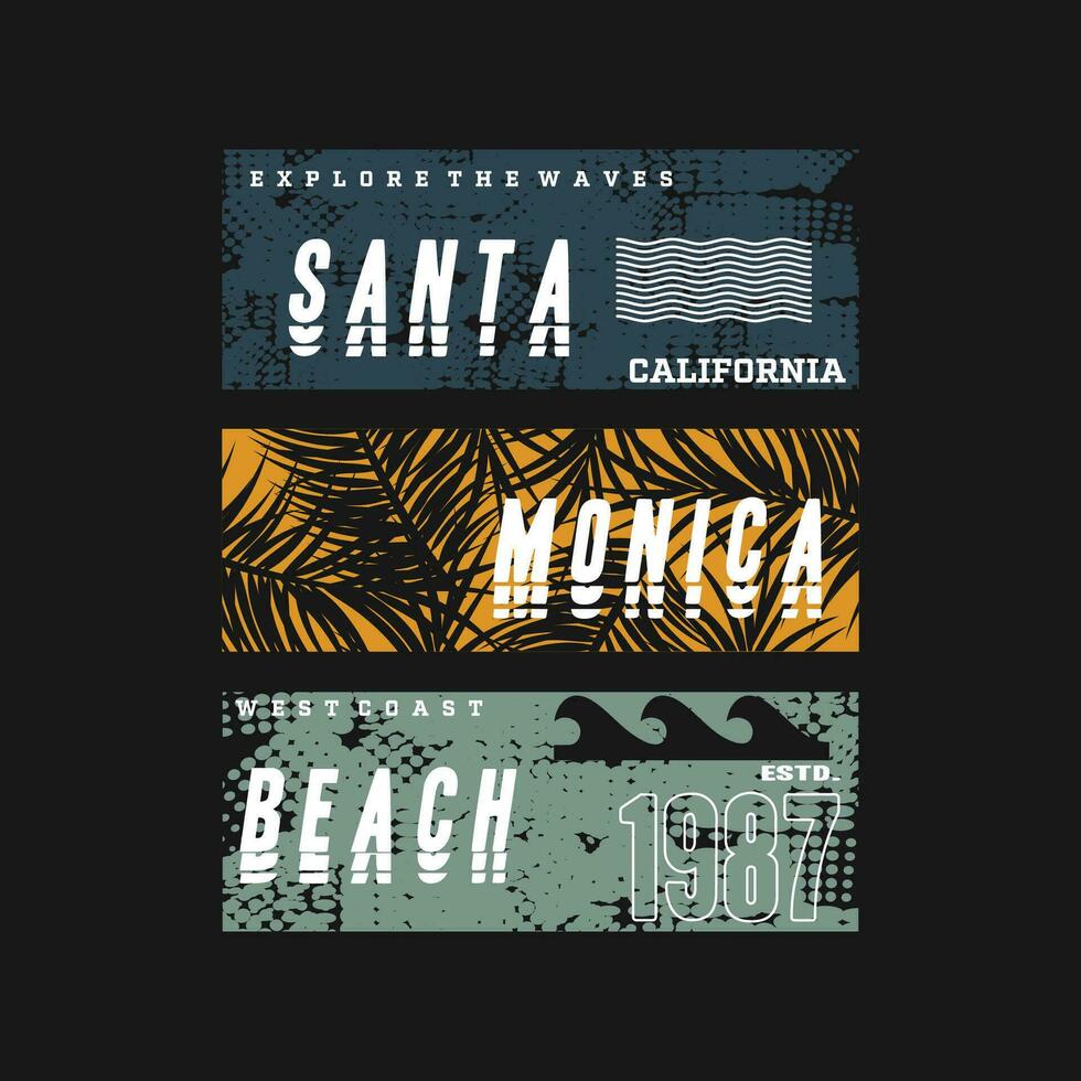 Père Noël Monica tropical coucher de soleil, le surf cavalier, longue plage, vecteur t chemise imprimer, typographie graphique conception, et autre utilisation