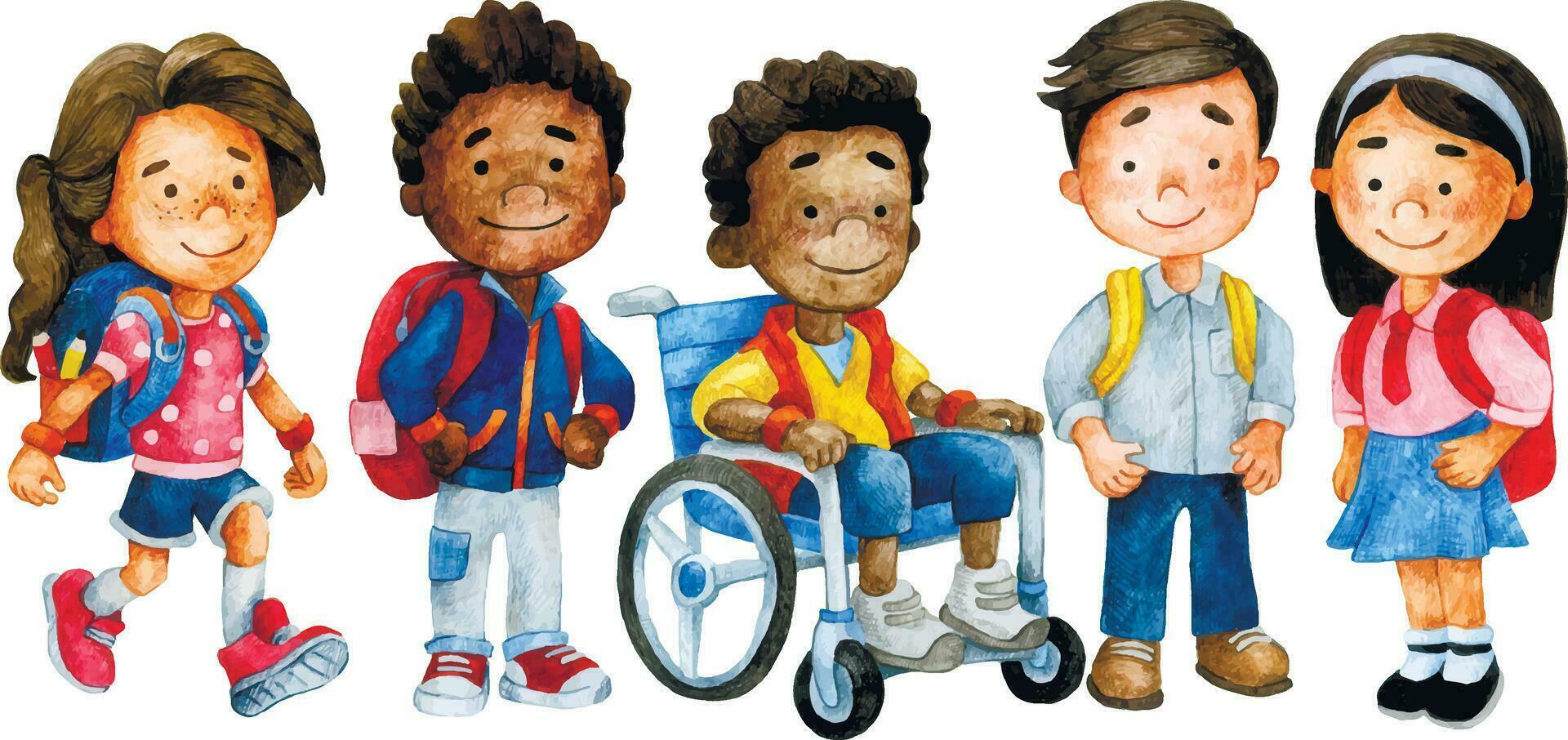 une groupe de écoliers de différent nationalités. thème retour à école, l'inclusivité. enfant dans une fauteuil roulant. aquarelle dessin vecteur