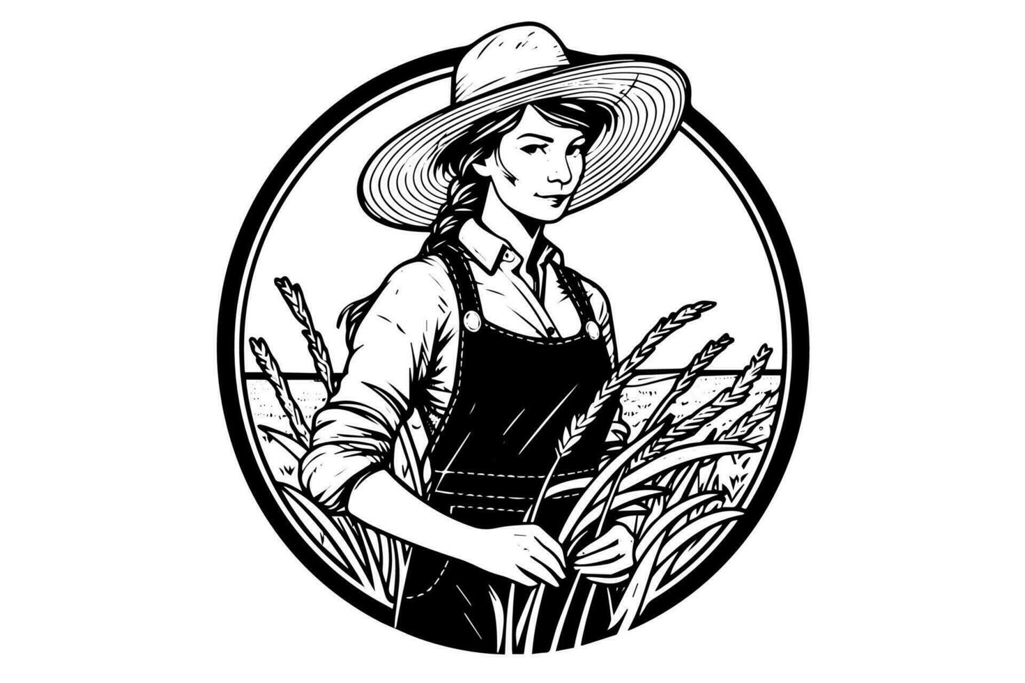 une femme agriculteur récolte dans le champ dans gravure style. dessin encre esquisser vecteur illustration.