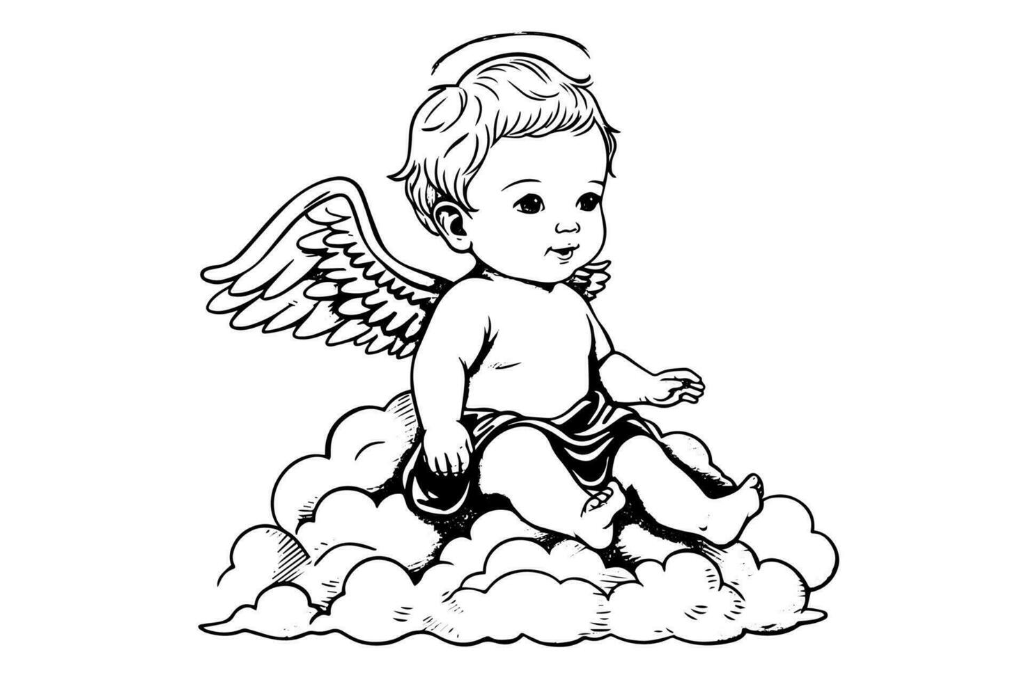 main tiré gravure esquisser de mignonne peu ange est assis sur une nuage. vecteur illustration.