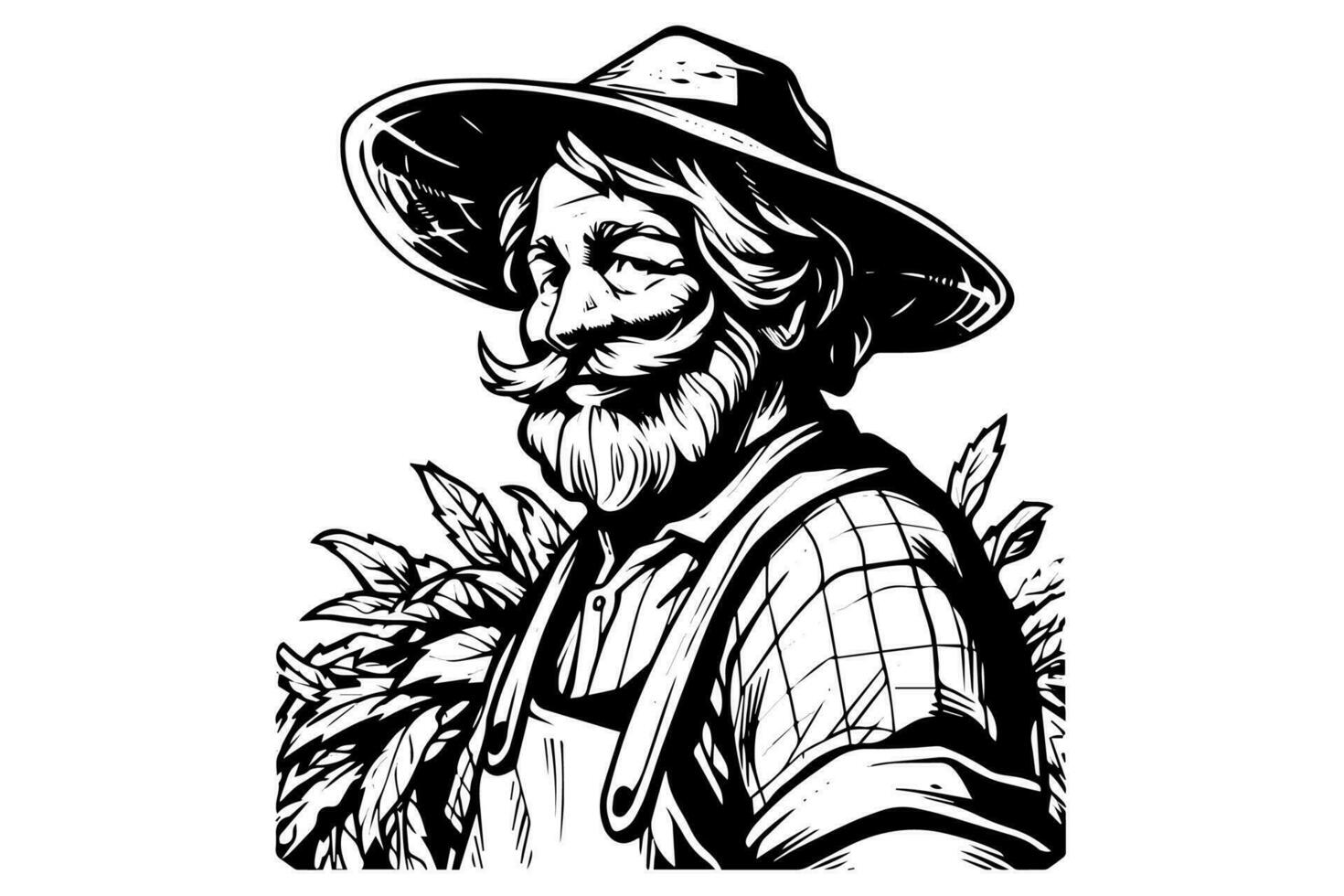 content agriculteur dans chapeau gravure style. main tiré encre esquisser. vecteur logotype illustration.