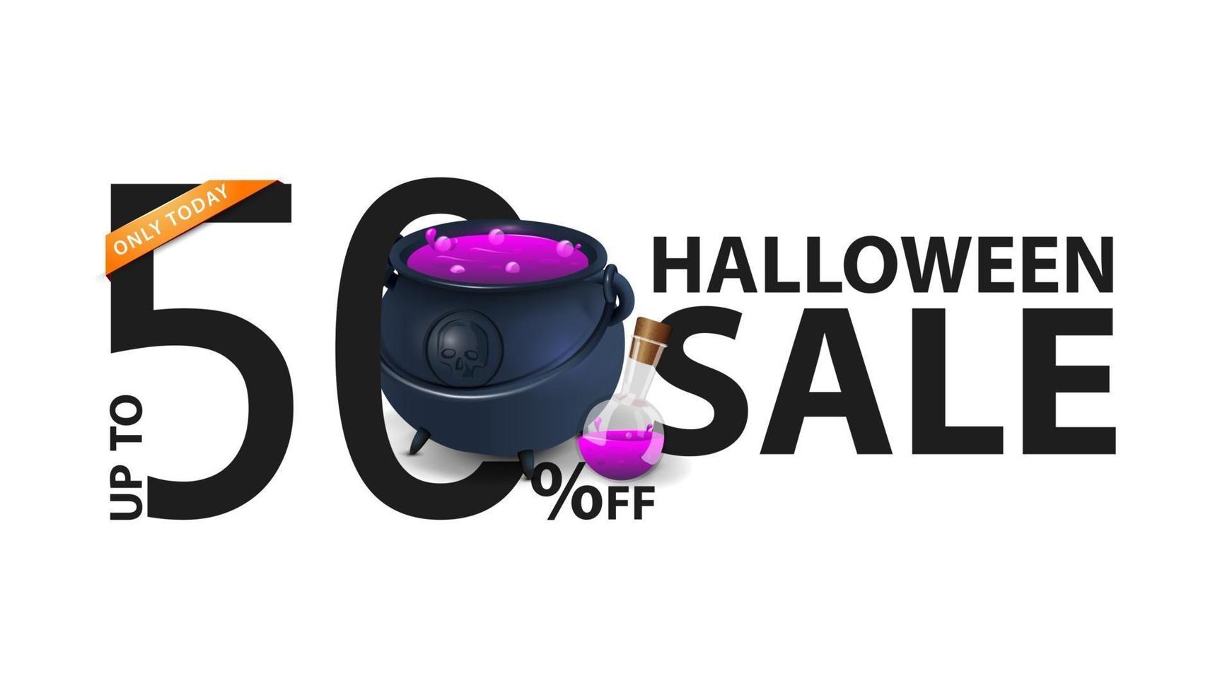 vente d'halloween, bannière blanche avec 50 off et chaudron de sorcière avec potion vecteur