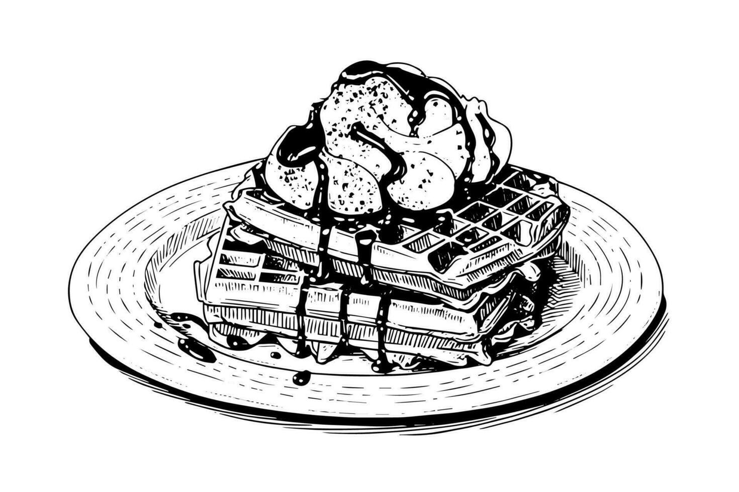 gaufres avec la glace crème main tiré encre esquisser. gravure style vecteur illustration.