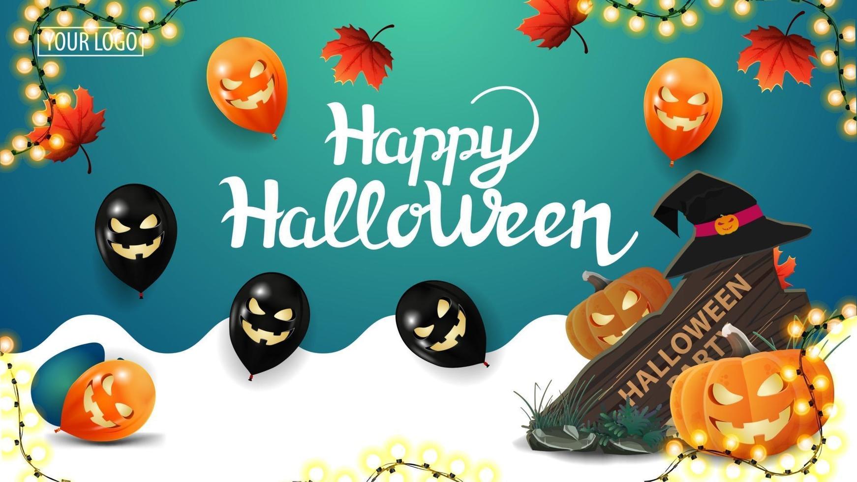 joyeux halloween, carte de voeux bleue avec feuilles d'automne, ballons d'halloween, guirlande, panneau en bois et citrouille jack vecteur