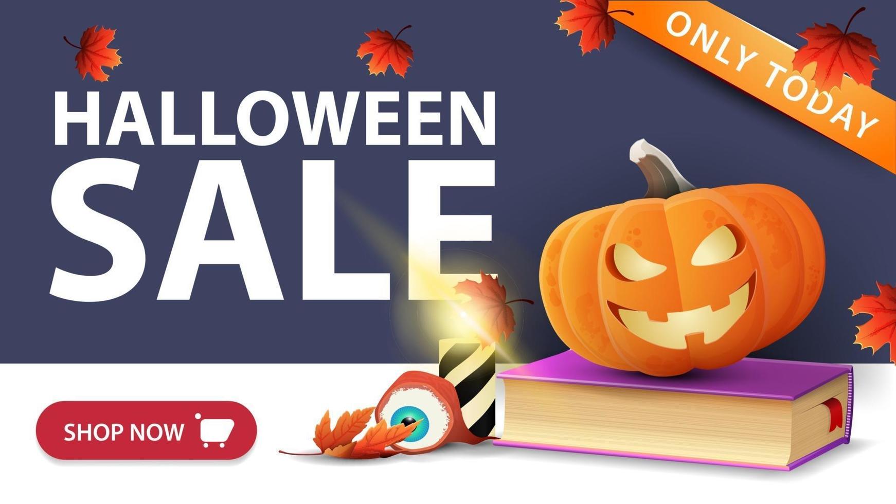 vente d'halloween, bannière simple avec livre de sorts et jack citrouille. vecteur