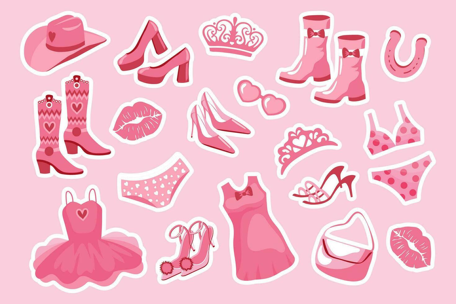 barbiecore Princesse autocollant ensemble. rose mode ensemble, accessoires et vêtements pour une rose poupée. couronne, robe, chaussures, cow-boy chapeau, bottes, sac, lunettes. vecteur