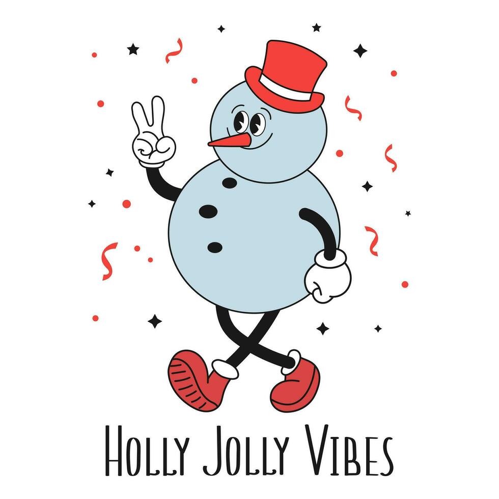 rétro sensationnel hippie personnage de de bonne humeur bonhomme de neige avec houx gai calligraphie. Noël vacances carte dans branché dessin animé style. vecteur