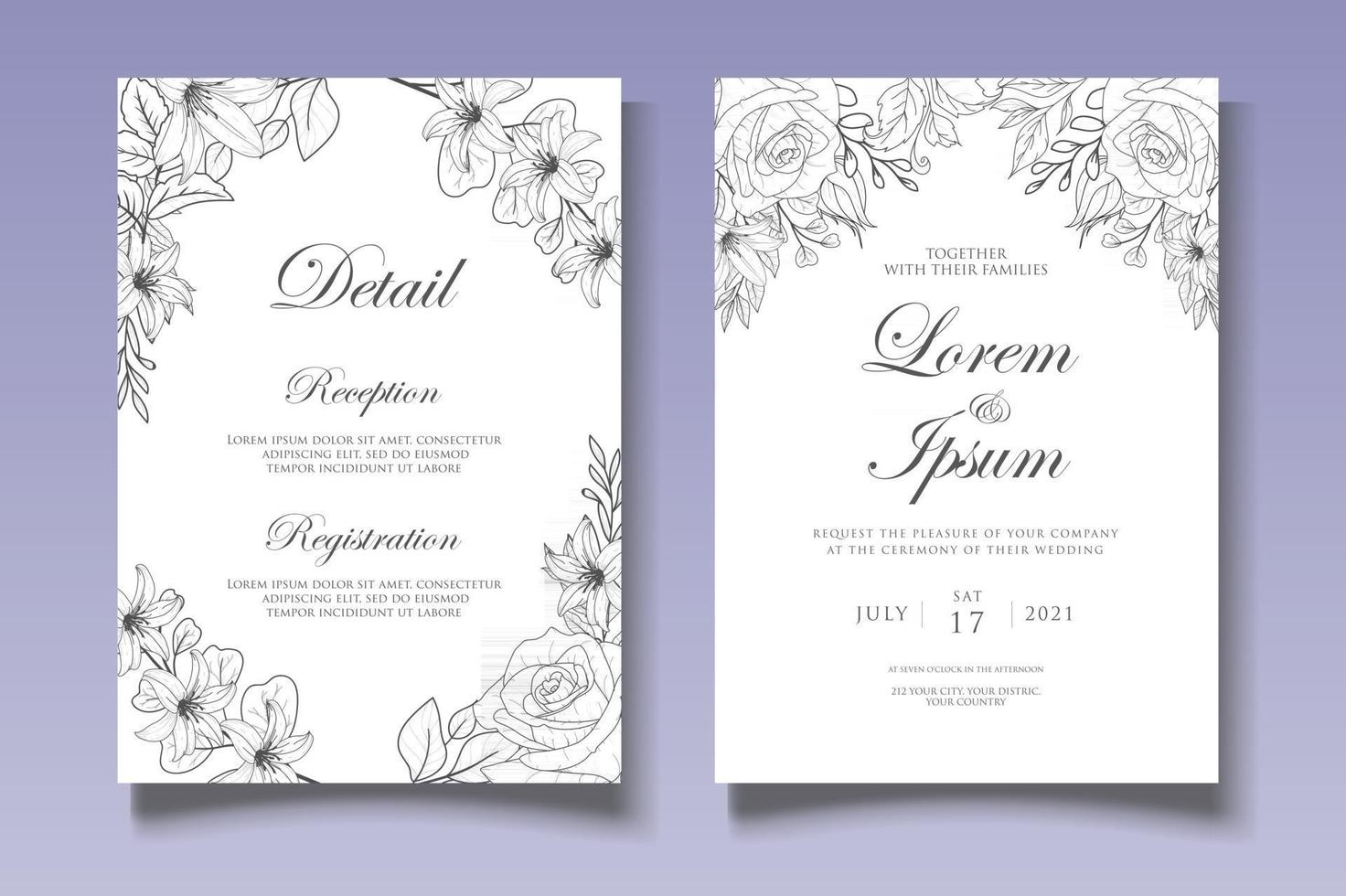 carte d'invitation de mariage floral dessin à la main de luxe vecteur