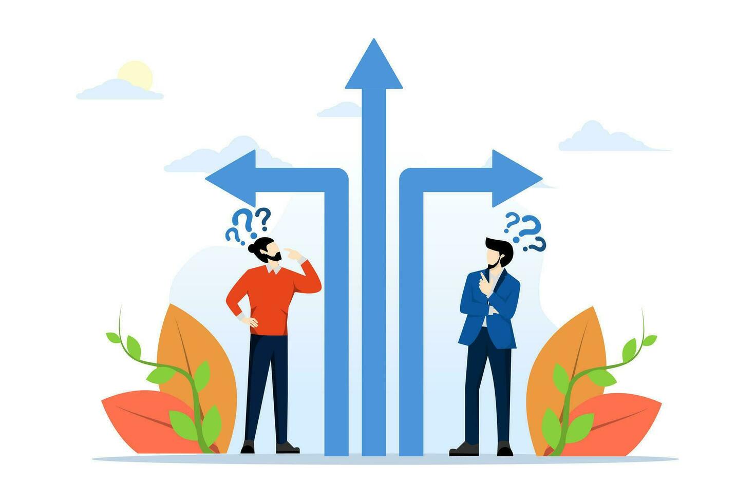 concept de choix de direction, carrefour ou décision pour carrière, choisir chemin, défi ou doute de opportunité, détermination ou décision, affaires la personne en pensant à propos différent carrière chemins. vecteur