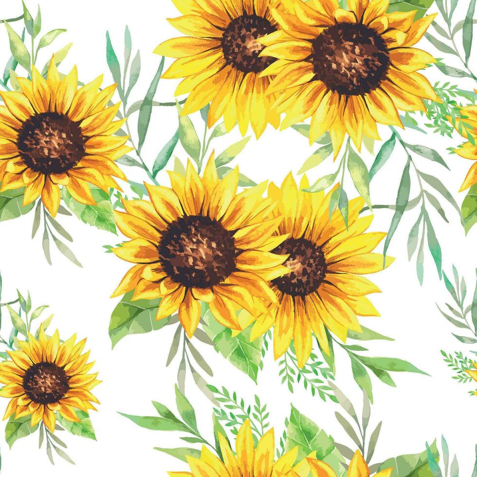 élégant floral sans couture modèle avec aquarelle tournesols et verdure vecteur