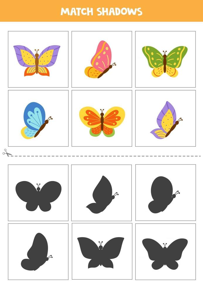 trouver des ombres de papillons de dessins animés. cartes pour les enfants. vecteur