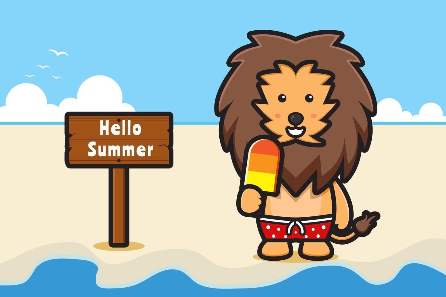 lion mignon tenant une crème glacée avec une illustration d'icône de vecteur de dessin animé de bannière de voeux d'été