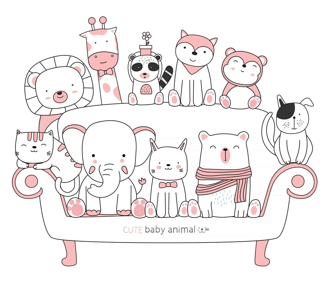 dessin animé esquisse les animaux mignons avec des amis. style dessiné à la main. vecteur